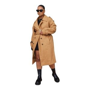 Pretty Little Thing Plus Faux Leather Statement Buckle Trench Coat Tan Size 18